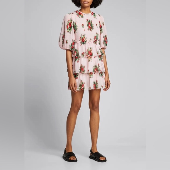 GANNI Floral-Print Pleated Georgette Ruffle Tiered Short Dress Size US 4 - Picture 1 of 14
